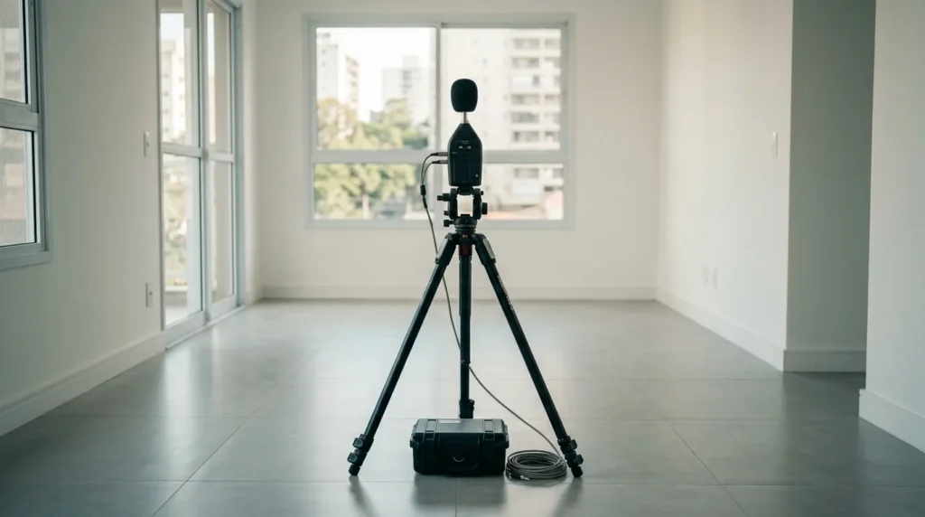 Medidor de nível sonoro em tripé num apartamento novo vazio, ensaio de ruído de impacto entre andares
