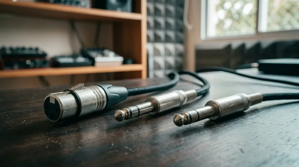 Conectores XLR, P10 estéreo e P10 mono lado a lado
