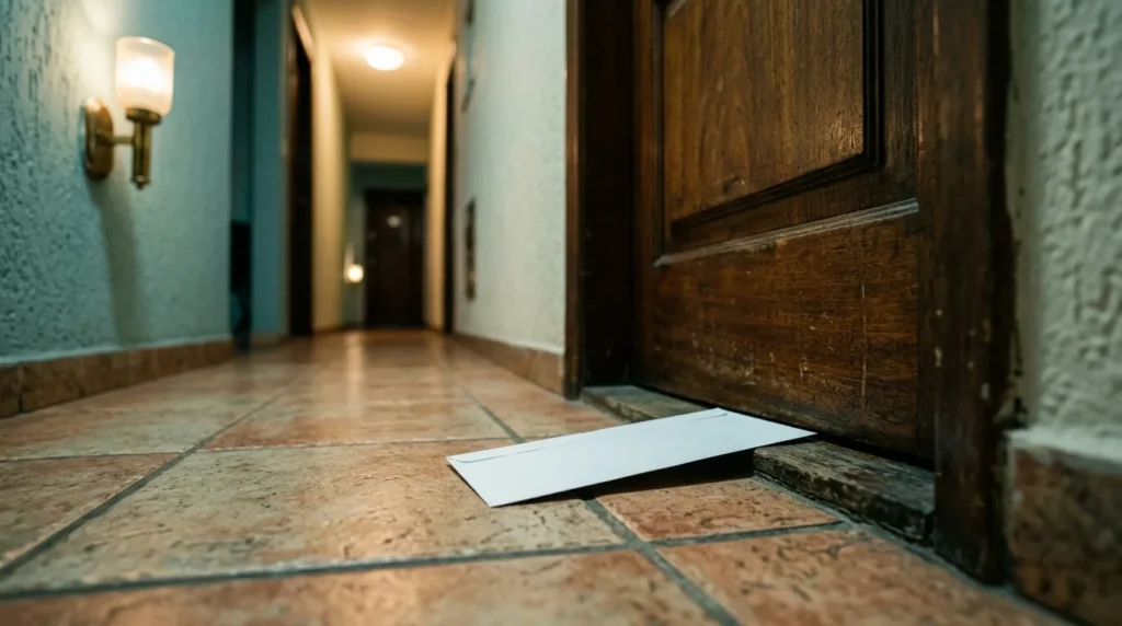 Envelope com a carta deixado sob a porta do vizinho no corredor do prédio