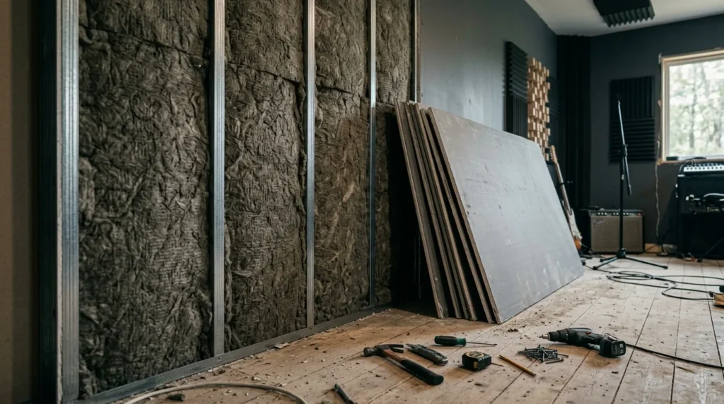Parede de home studio recebendo isolamento acústico com lã de rocha na estrutura de drywall