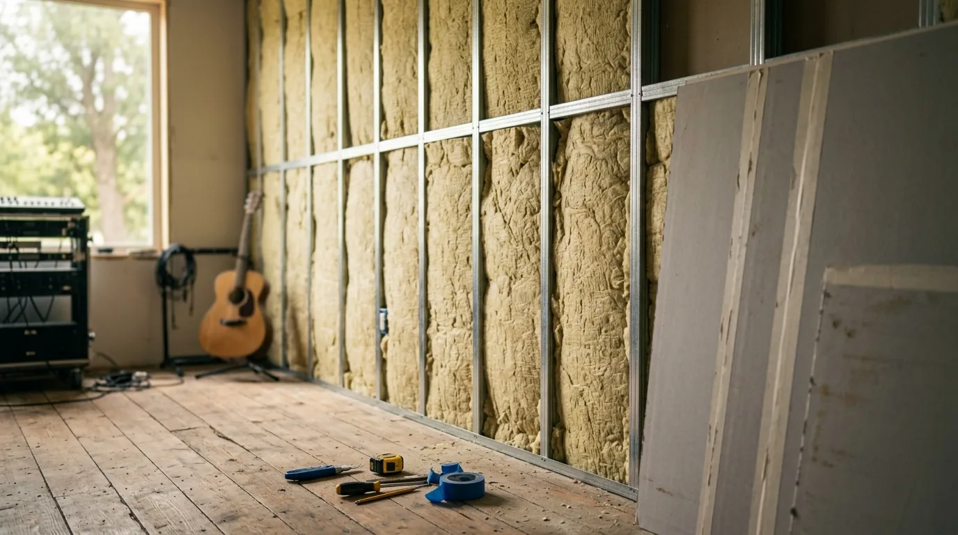 Detalhe da parede dupla com lã entre os montantes e placa de drywall para isolamento acústico