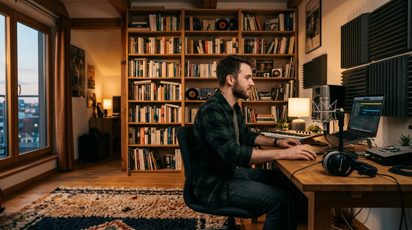 Home studio montado em apartamento alugado com estante de livros na parede e microfone