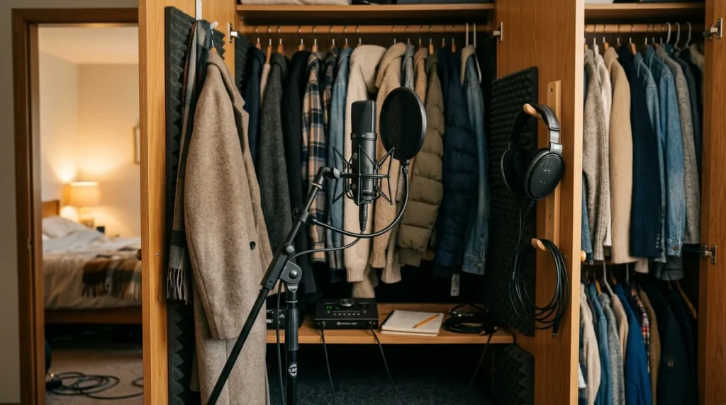 Guarda-roupa aberto usado como cabine vocal caseira, com microfone e pop filter entre as roupas penduradas