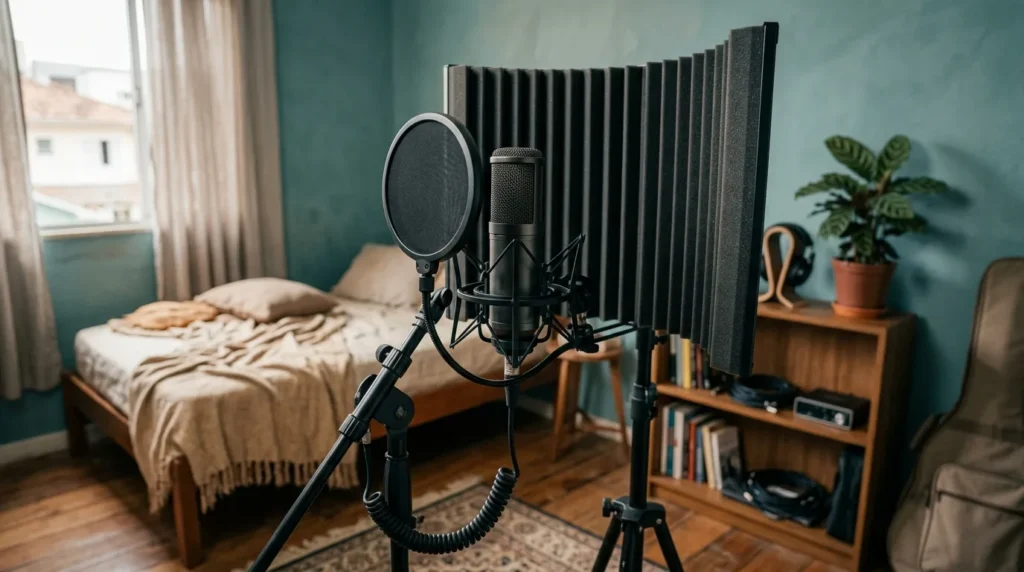 Microfone condensador com pop filter e escudo acústico atrás, pronto para gravar voz em casa