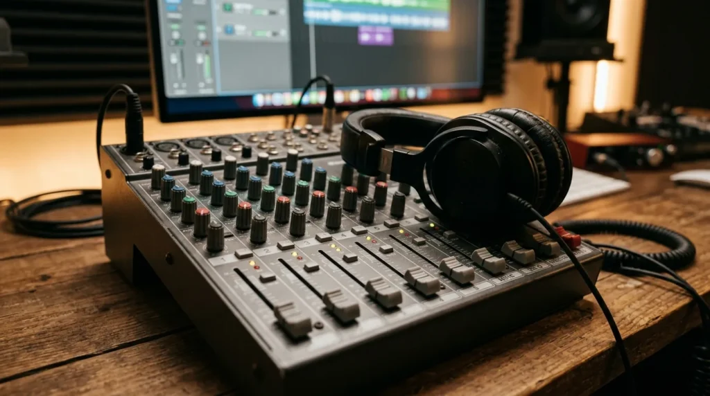 Mesa de som compacta com faders e fone de estúdio em home studio para mixar música em casa