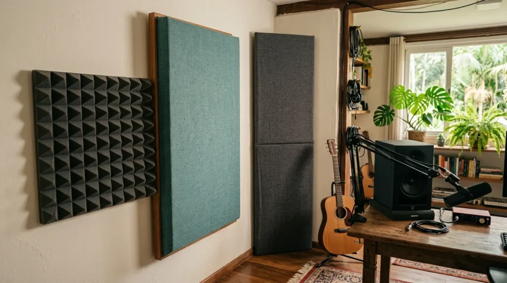 Espuma acústica, painel absorvente e bass trap lado a lado no canto de um home studio
