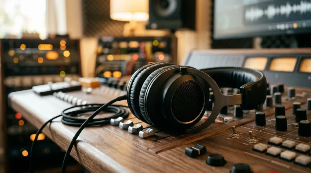 Fone de ouvido para estúdio over-ear apoiado sobre mesa de mixagem