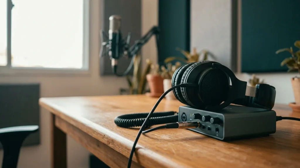 Fone de estúdio fechado ligado na saída da interface de áudio