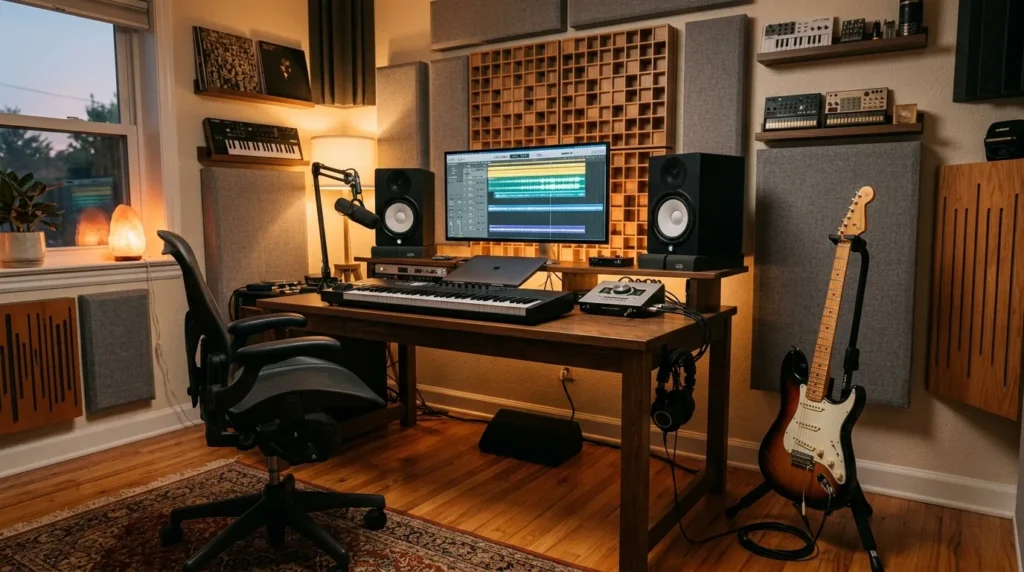 Home studio musical completo com monitores, interface, teclado e guitarra em sala tratada