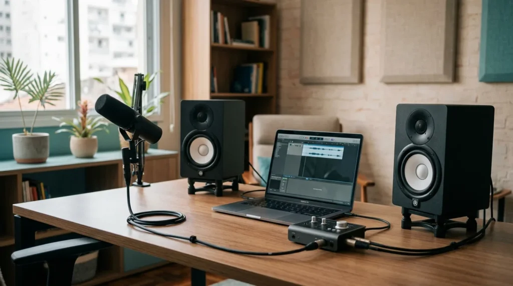 Cadeia de sinal de um home studio: microfone, interface, computador e monitores conectados