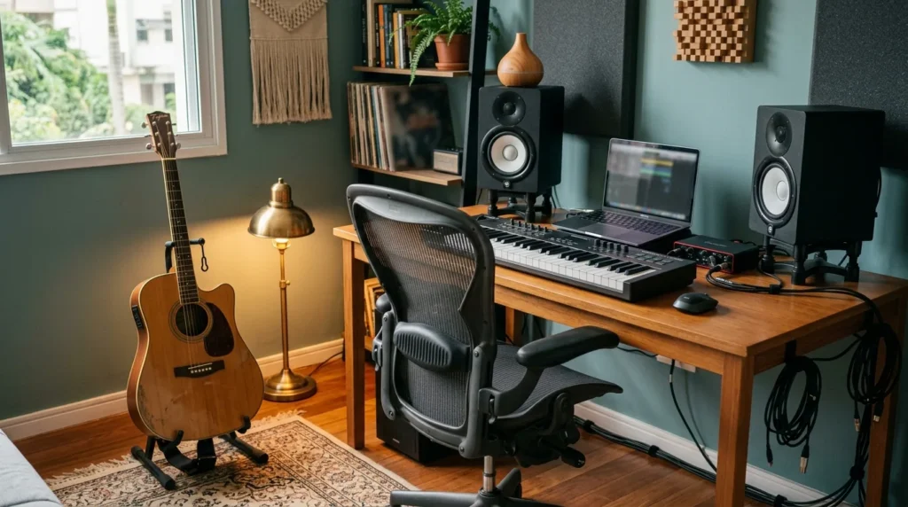Cantinho de home studio musical organizado e confortável, com violão, teclado e monitores