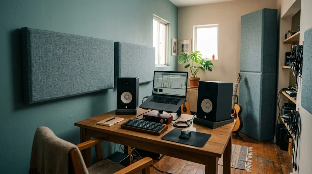 Painéis acústicos nas paredes laterais e bass trap no canto de um home studio no quarto