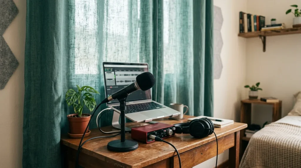 Equipamento básico de home studio sobre a mesa do quarto, com microfone, interface e fone