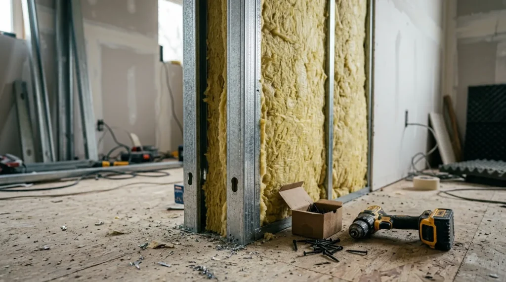 Parede de drywall em construção com montantes metálicos e lã de rocha para isolamento acústico