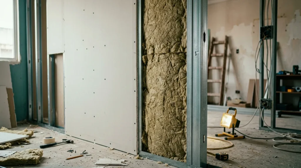 Parede de drywall em montagem com lã mineral dentro dos montantes metálicos