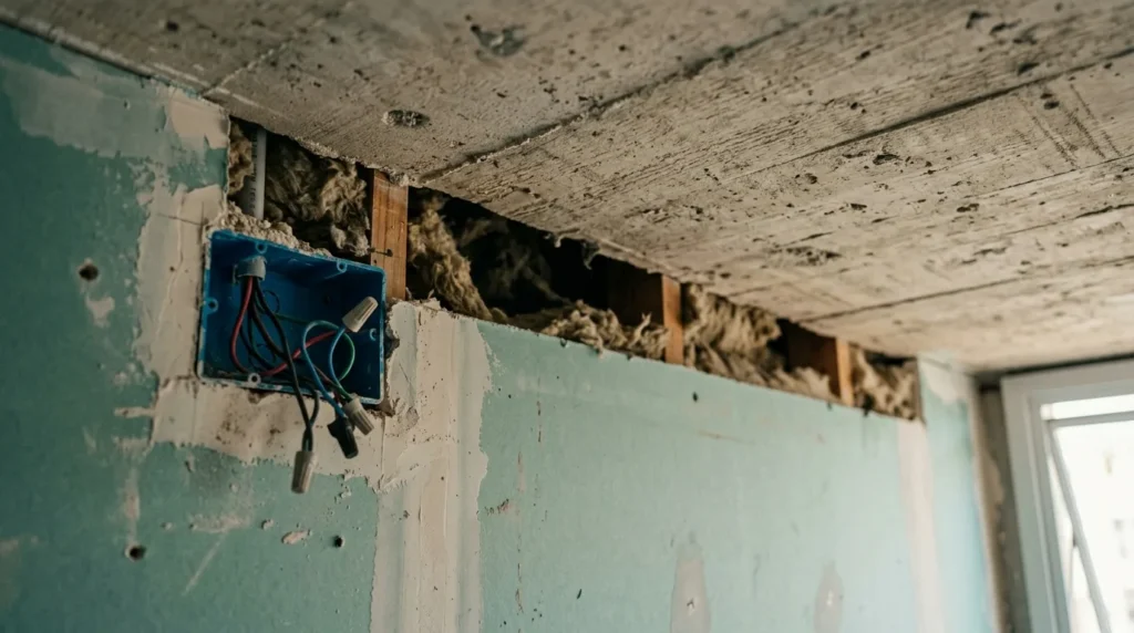 Fresta entre a parede de drywall e a laje, ponto por onde o som escapa