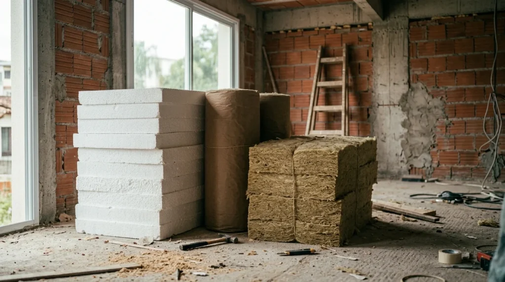 Placas de isopor ao lado de lã mineral, materiais diferentes para calor e para som