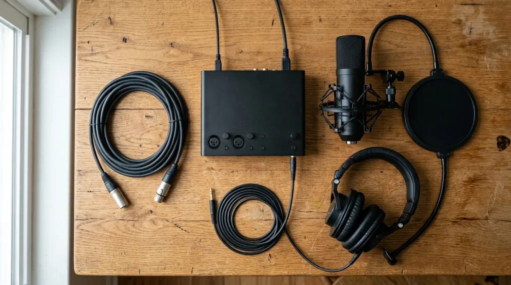 Kit home studio para iniciante com interface de áudio, microfone, fone e cabos sobre a mesa