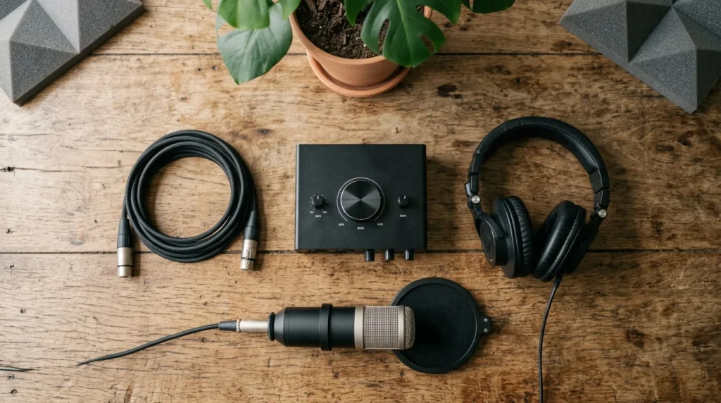 Kit básico de home studio para iniciante: interface, microfone, cabo XLR, fone e pop filter