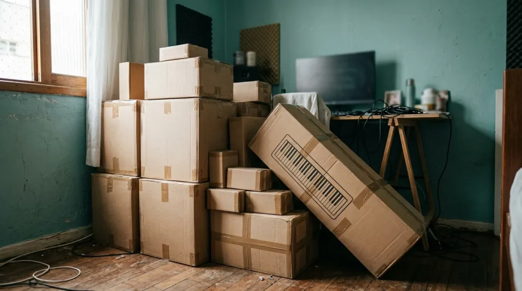 Caixas de equipamentos caros empilhadas no quarto, compras que o iniciante não precisa fazer
