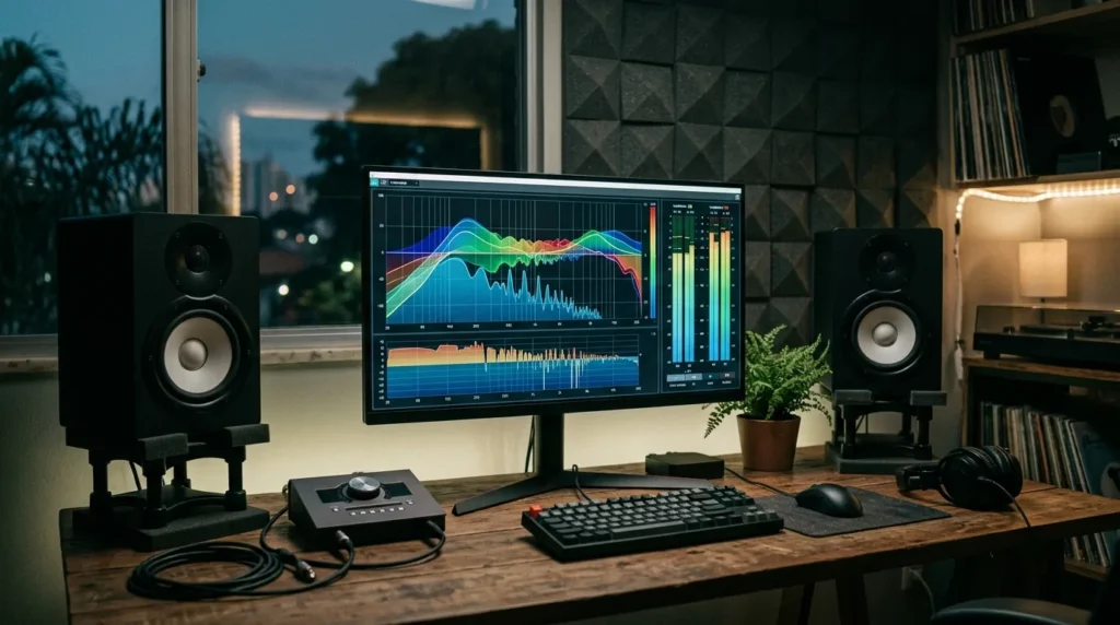Tela com analisador de espectro e medidores de loudness durante a masterização