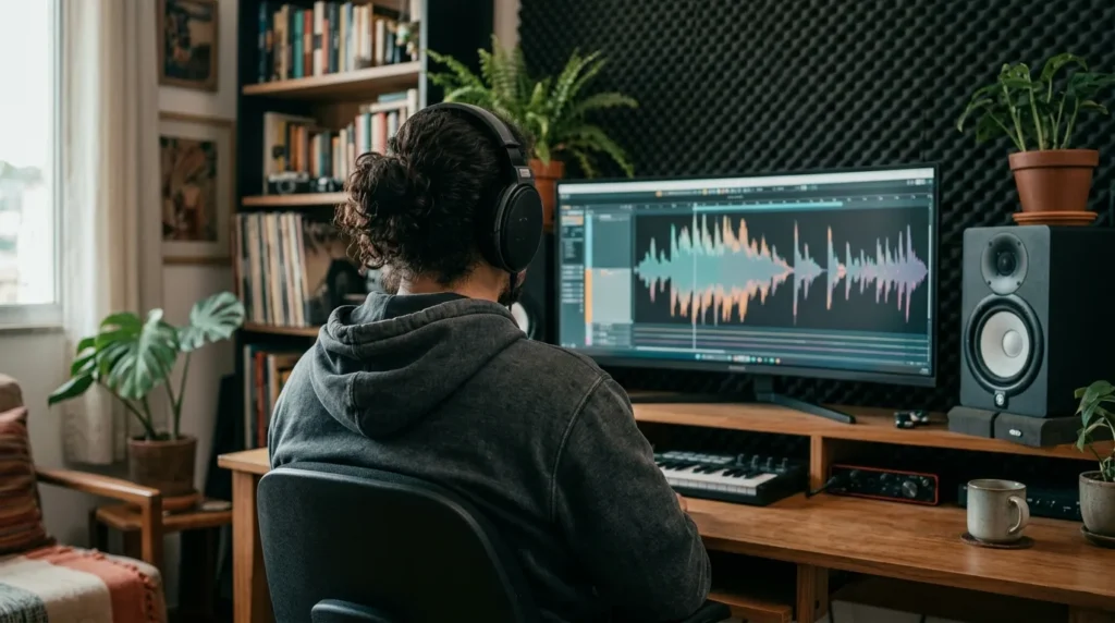 Pessoa ouvindo a mixagem pronta no fone antes de enviar para a masterização
