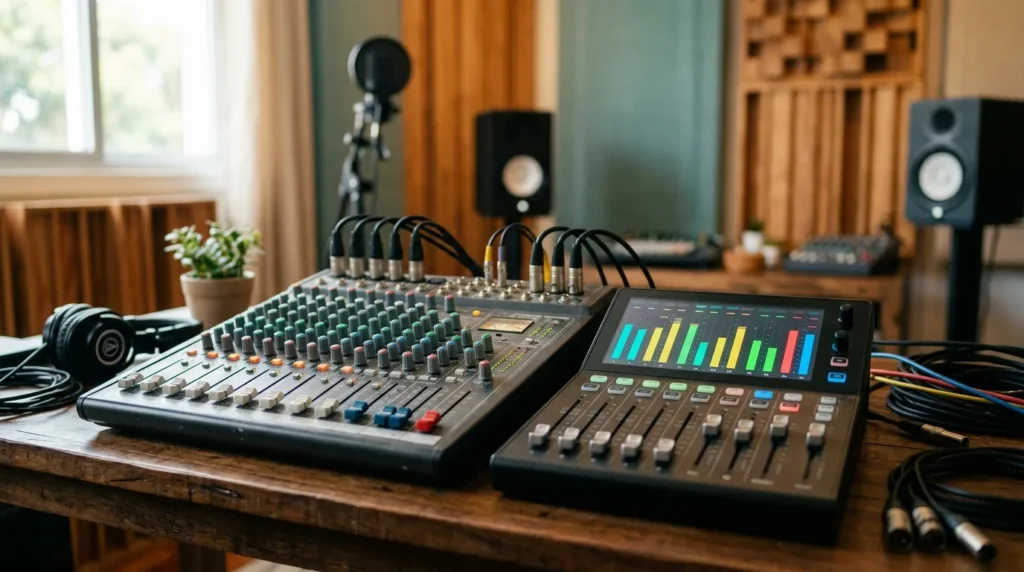 Mesa de som analógica ao lado de mesa digital com tela