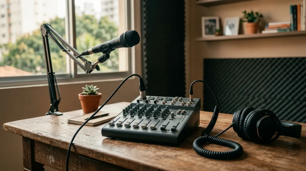 Mesa de som compacta de seis canais em um home studio iniciante