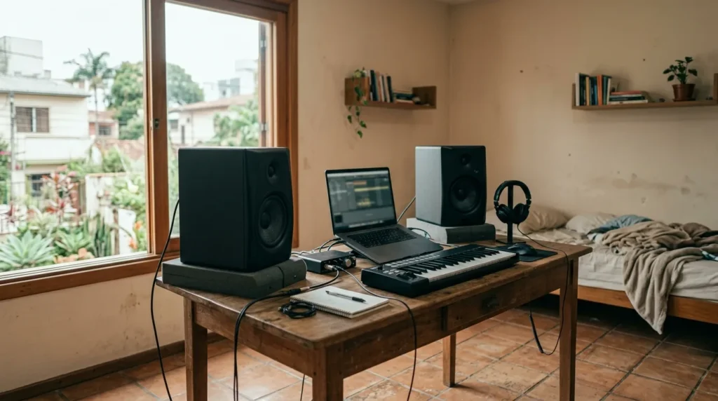 Monitores de referência em quarto sem tratamento acústico, com paredes nuas e janela