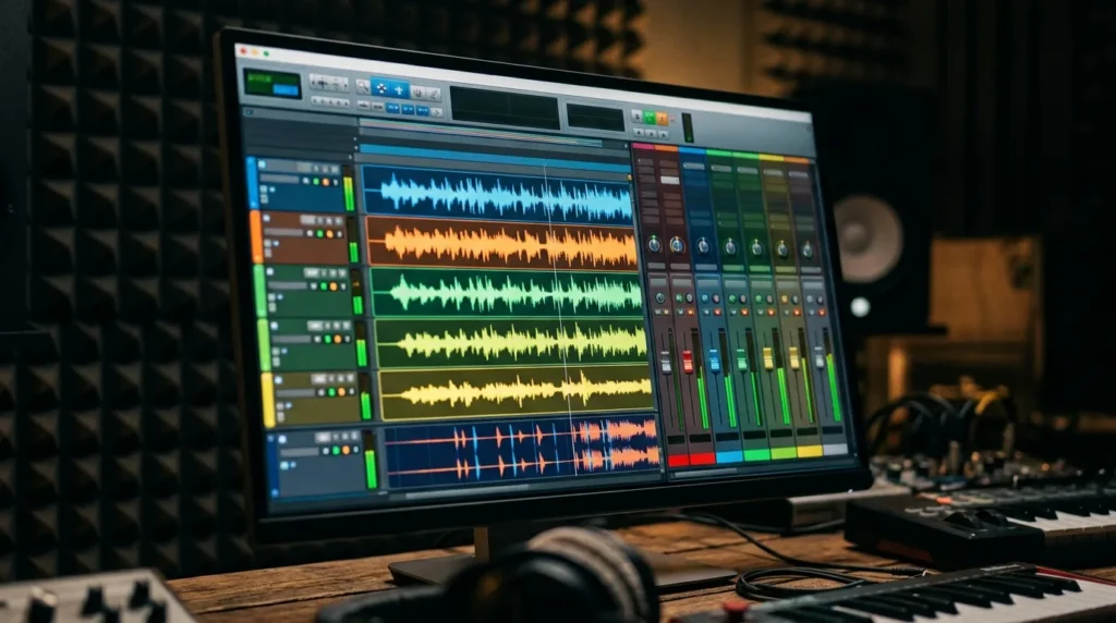 Tela de computador com sessão de mixagem mostrando faixas coloridas e faders no home studio