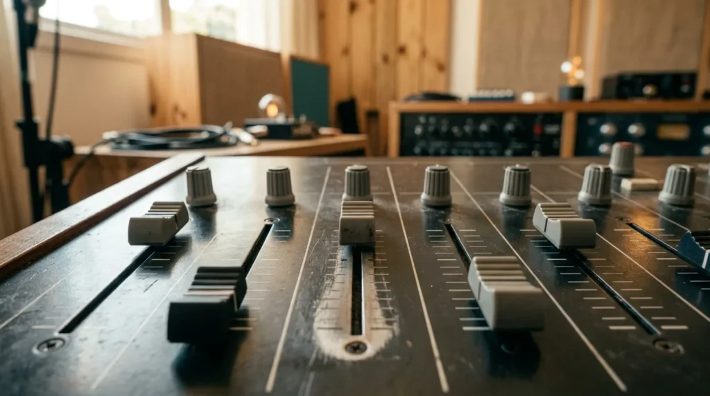 Faders e botões de panorama de uma mesa de mixagem em posições diferentes