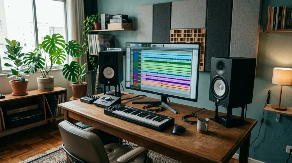 Sessão multipista aberta no computador de um home studio durante a mixagem