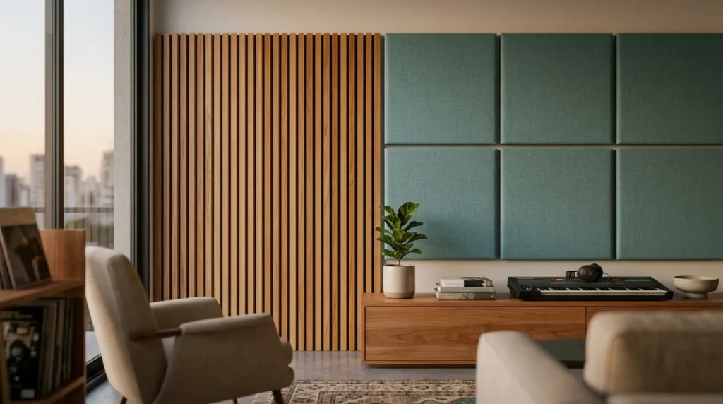 Painel ripado decorativo ao lado de painel absorvente de tecido na parede da sala