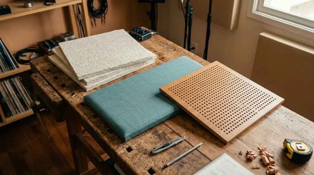 Tipos de placa acústica para teto: fibra mineral, nuvem de tecido e madeira perfurada