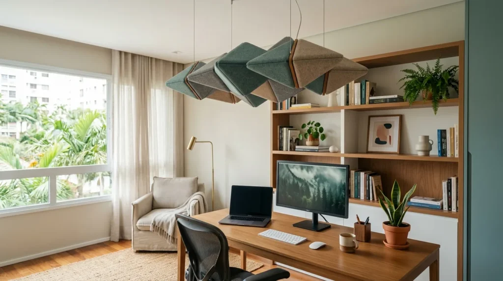 Nuvem acústica suspensa no teto acima da mesa para tirar o eco do cômodo