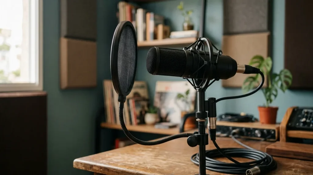 Pop filter posicionado a poucos centímetros do microfone condensador, visto de lado