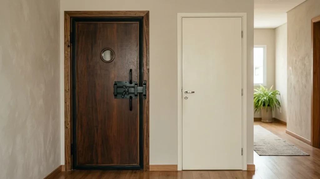 Porta acústica com vedação ao lado de uma porta oca comum