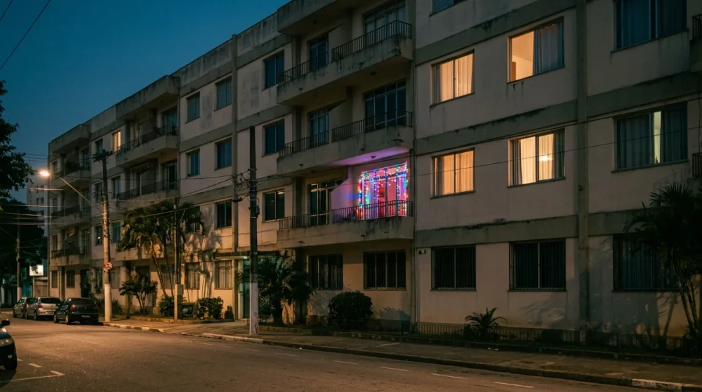 Prédio de apartamentos à noite com uma janela iluminada de festa