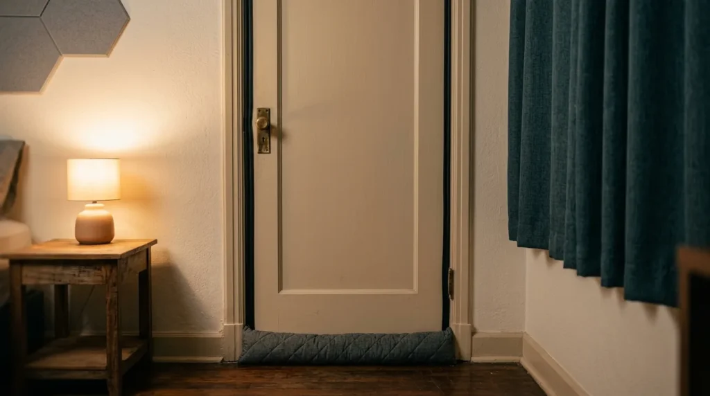 Porta com veda-porta e cortina pesada no quarto para reduzir o barulho do vizinho